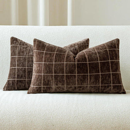Decorative Chenille Plaid Fall Throw Pillow Covers Brown 12x20 Set of 2