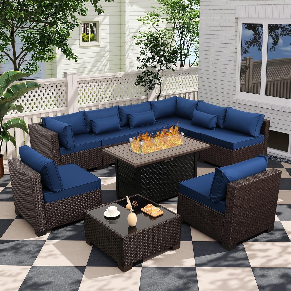 10 Pieces Wicker Patio Furniture Set with Patio Glass Table Outdoor Sectional Conversation Sofa Set with 43 inches Fire Pit Table and Non-Slip Cushione, Navy Blue