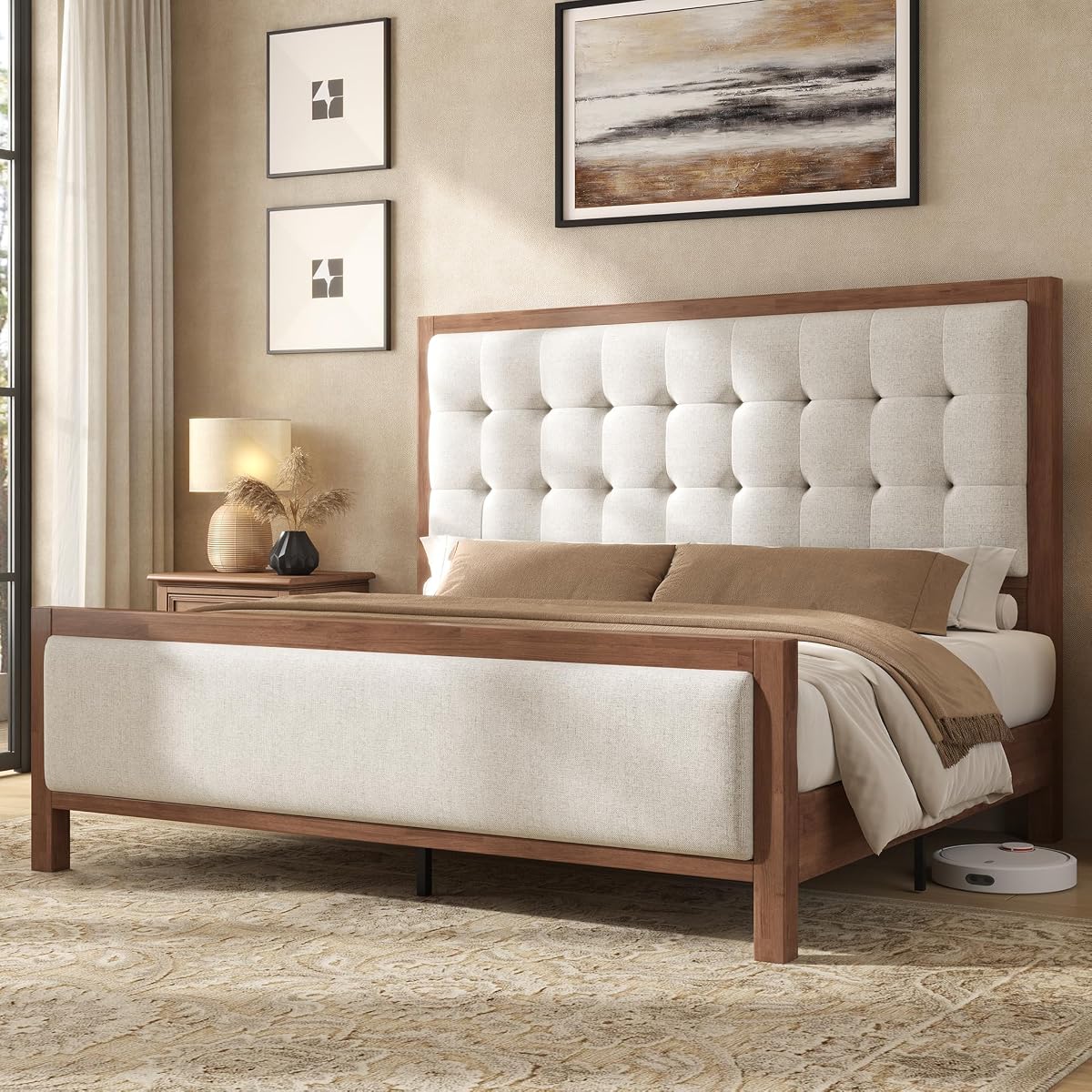 Queen Solid Wood Bed Frame 50" Tall Headboard&Footboard, Walnut