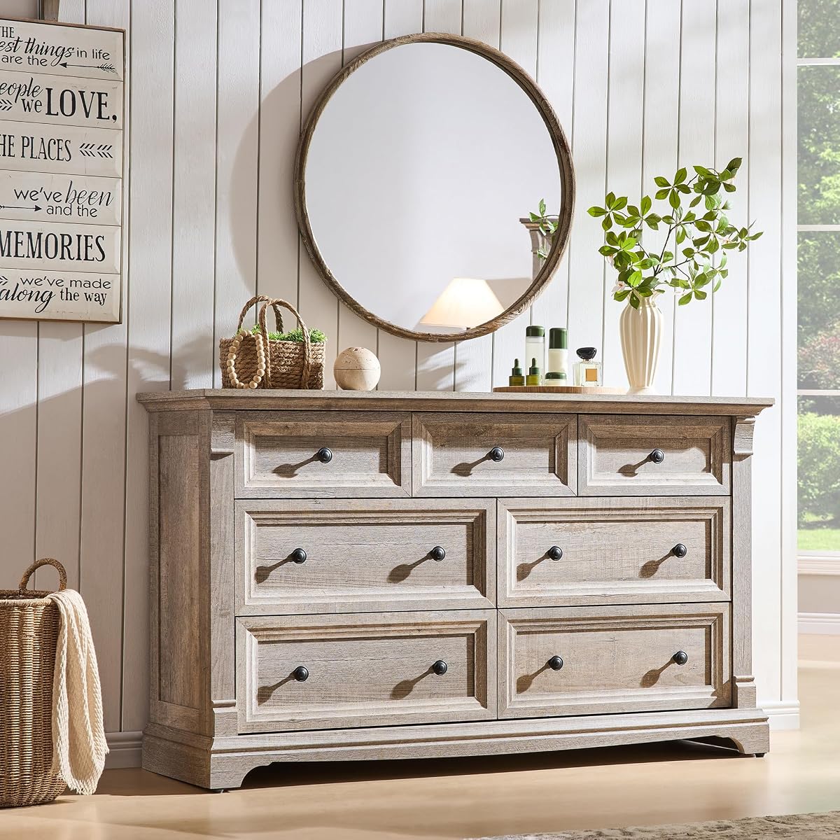Farmhouse 7 Drawers Dresser for Bedroom, 54" Wide Wood Rustic Chest of Drawers w/Roman Column, Wooden Storage Dressers Organizer for Bedroom, Living Room, Light Rustic Oak