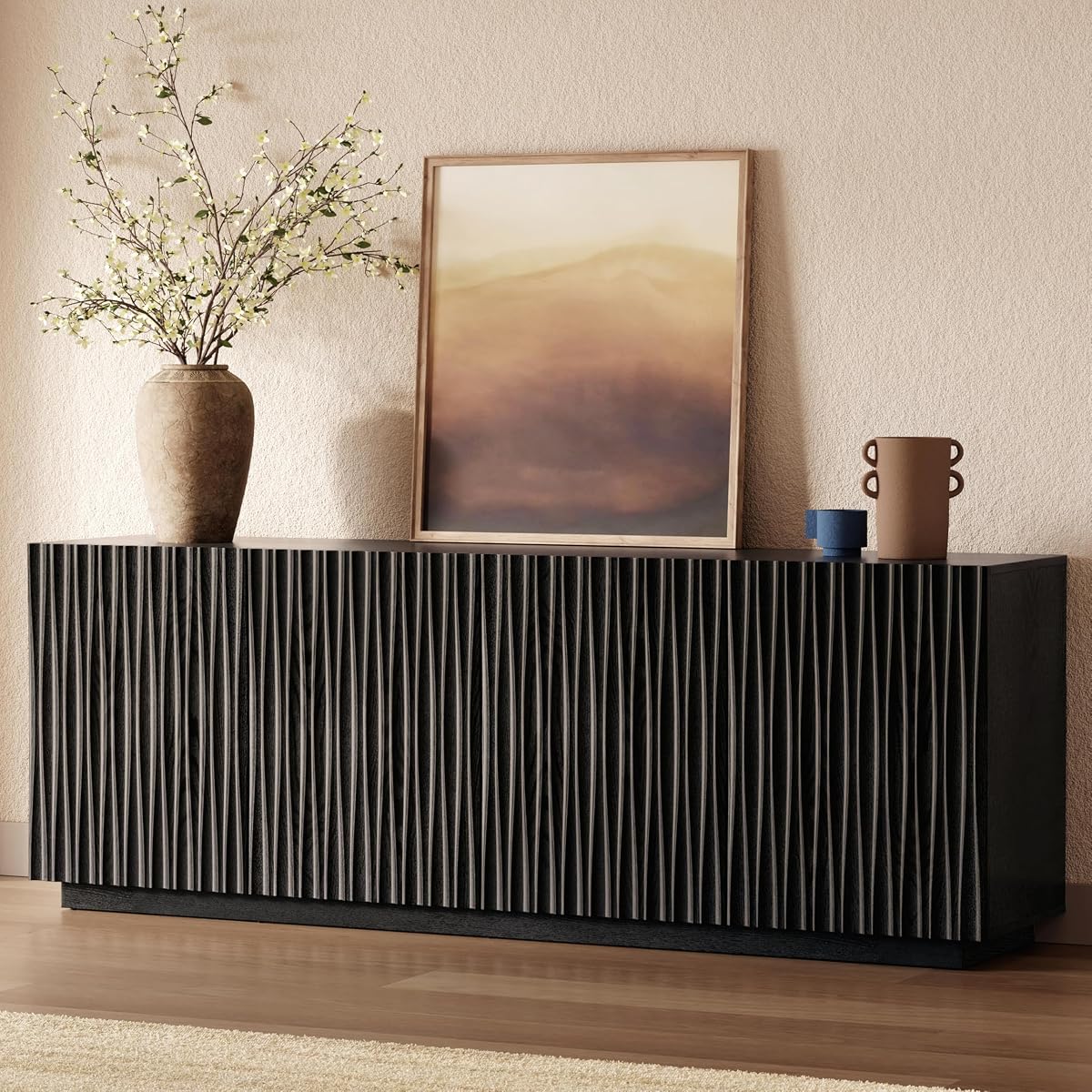 70" Fluted Mid-Century Modern TV Stand for TVs Up to 75", Black Walnut