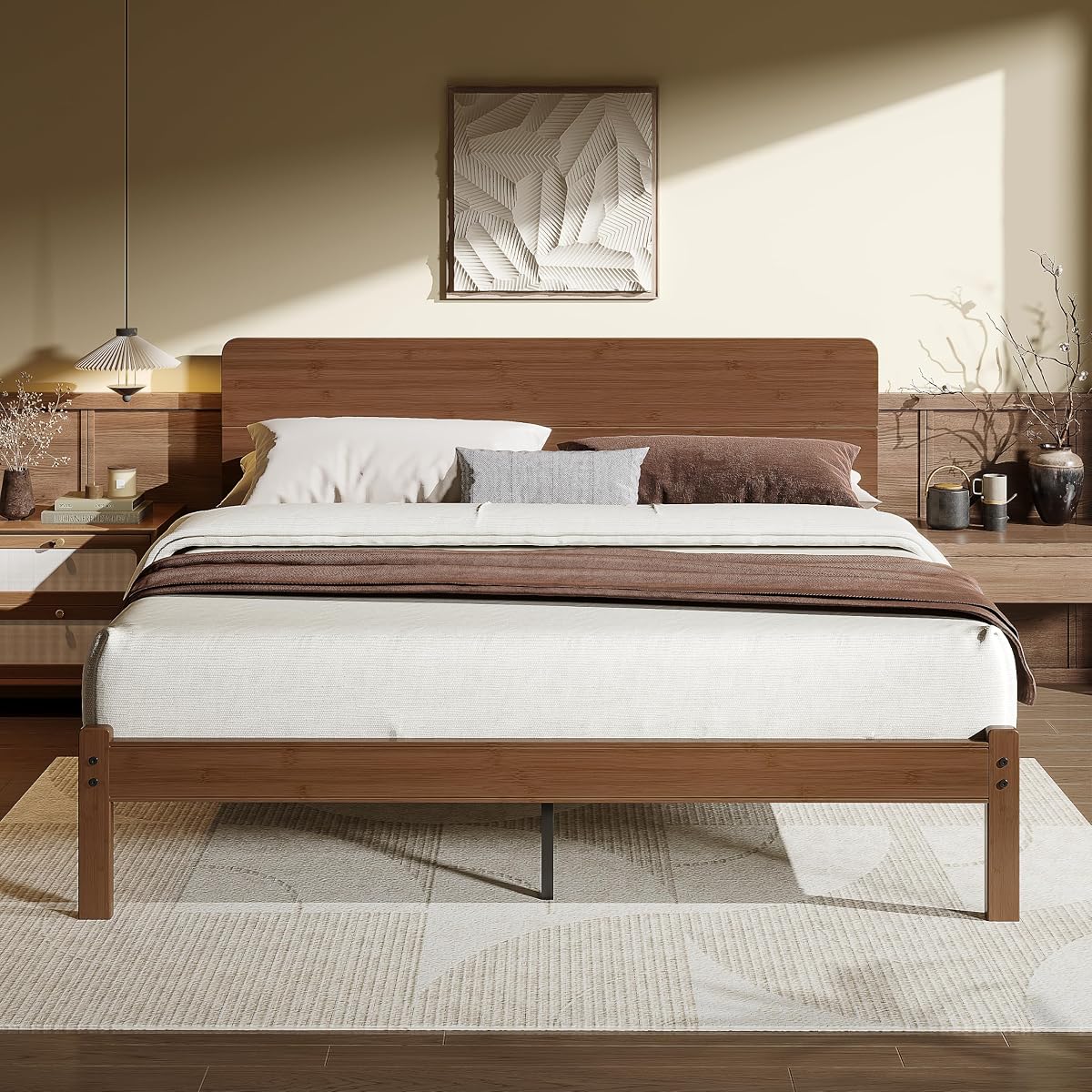 14" Solid Bamboo Wood King Size Bed Frames with Headboard, Brown