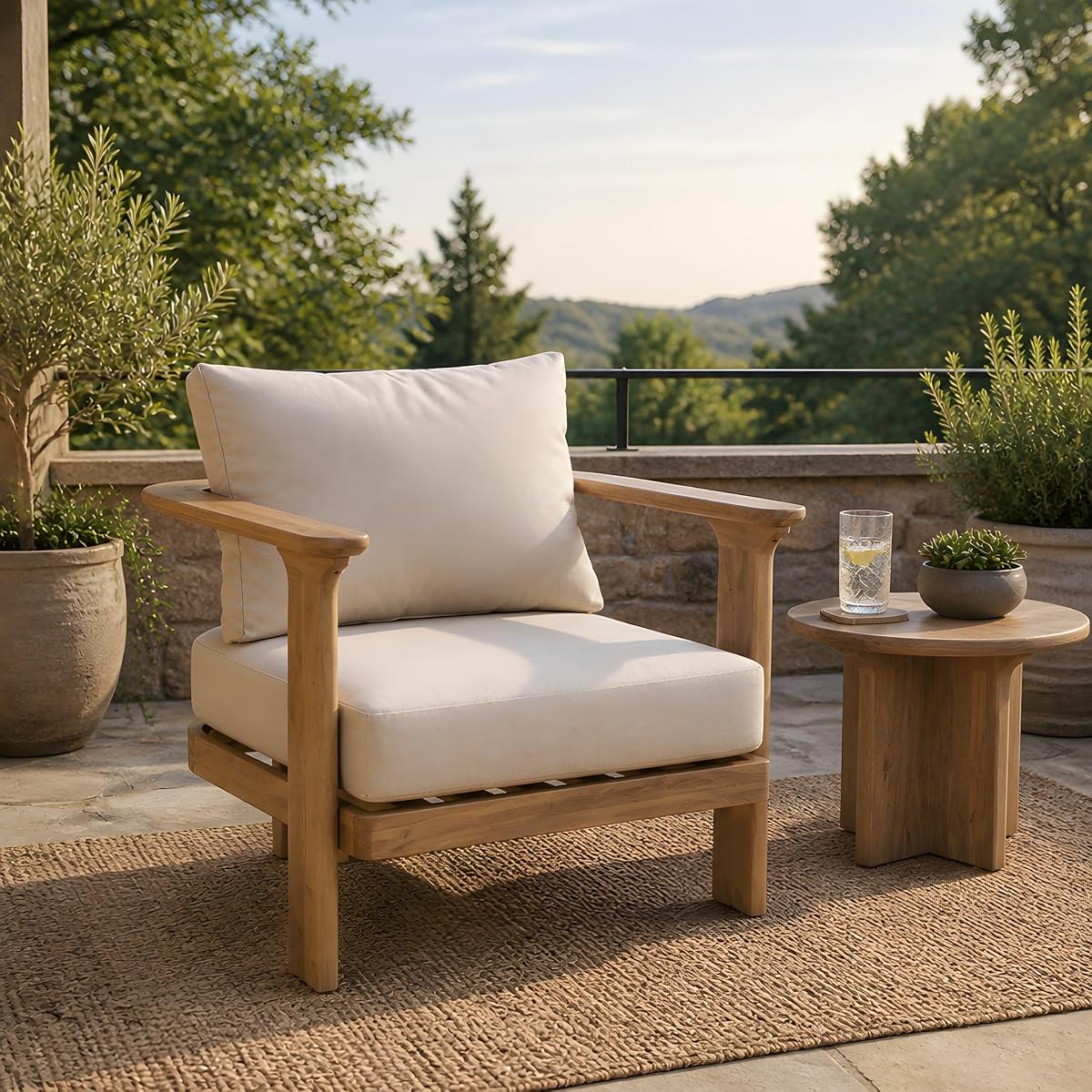 Kera Acacia Wood Lounge Chair Outdoor with Removable Cushion, Solid Wood Patio Accent Chair with Cushion, Patio Furniture Set Sofa Chair, Beige+Brown