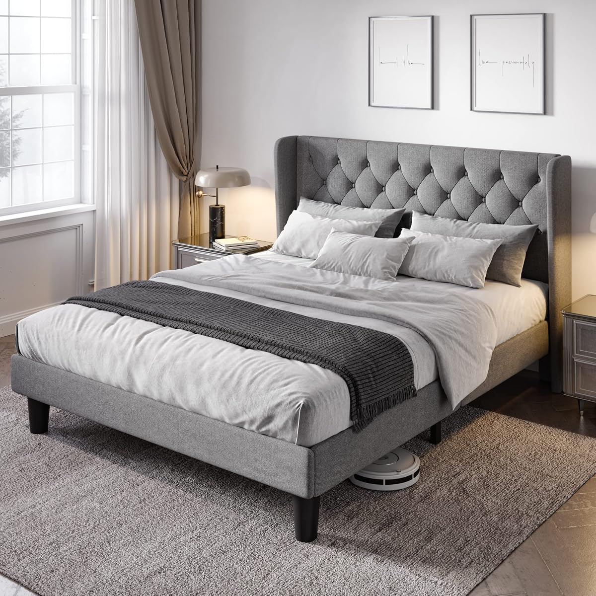 Queen Bed Frame with Button Tufted Wingback Headboard, Light Grey