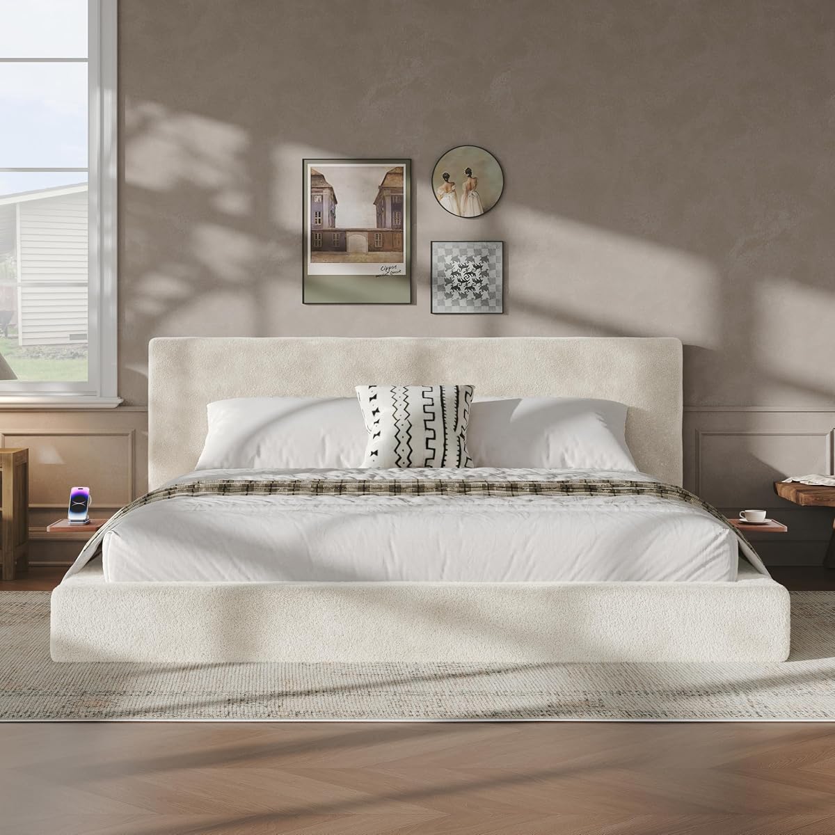 Upholstered King Bed Frame with Cloud Pad, King (U.S. Standard) | Sliding Wood Side Table, Low-Profile Platform, Easy Assembly, Off-White Sherpa