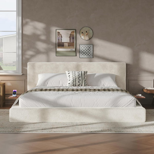 Upholstered King Bed Frame with Cloud Pad, King, Sliding Wood Side Table