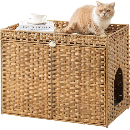 Cat Litter Box Enclosure Furniture, Handwoven Rattan Hidden Litter Box with Mat, Large Space Cat House with 2 S-Shaped Hooks 30.3 x 18.3 x 24.4 Inches, Indoor for Living Room Apartment Natural