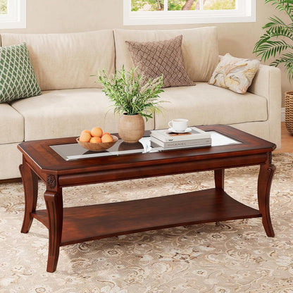 Traditional Wood Coffee Table with Glasstop, 47.2* 23.6* 17.9in | Rectangle Solid Wood Tea Table with Storage Shelf, 2-Tier Glass Center Tables in Cherry for Living Room, Large Cocktail Table