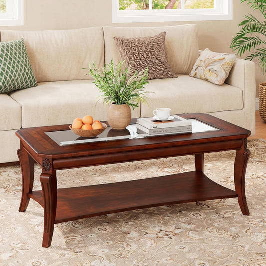 Traditional Wood Coffee Table with Glasstop, 47.2* 23.6* 17.9in | Rectangle Solid Wood Tea Table with Storage Shelf, 2-Tier Glass Center Tables in Cherry for Living Room, Large Cocktail Table