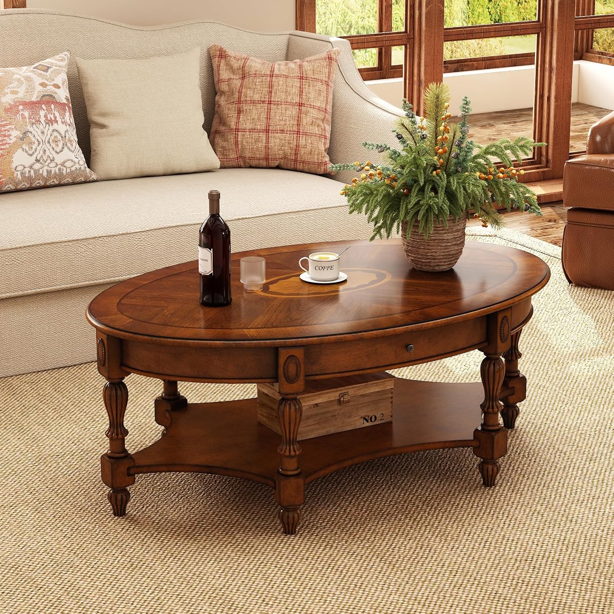 Traditional Wood Oval Coffee Table with Drawer, Beewax Tone | 2-Tier Living Room Cocktail Table with Storage Shelf, Wooden Center Table with Carvings Legs, 44.9"Wx29.9"Dx18.2"H Tea Table