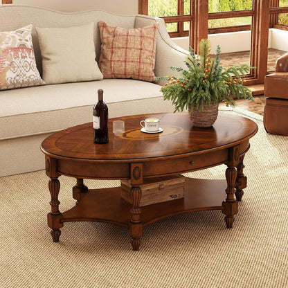 Traditional Wood Oval Coffee Table with Drawer, Beewax Tone | 2-Tier Living Room Cocktail Table with Storage Shelf, Wooden Center Table with Carvings Legs, 44.9"Wx29.9"Dx18.2"H Tea Table
