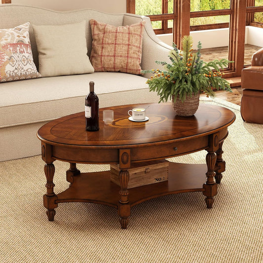 Traditional Wood Oval Coffee Table with Drawer, Beewax Tone | 2-Tier Living Room Cocktail Table with Storage Shelf, Wooden Center Table with Carvings Legs, 44.9"Wx29.9"Dx18.2"H Tea Table