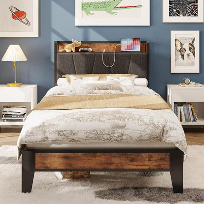 Twin XL Bed Frame with Storage Headboard and Charging Station