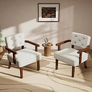 Modern Accent Chairs Set of 2,Butacas para Sala,Mid Century Small Arm Chair,Upholstered Wooden Chairs with Arm Rest,Tufted Backrest,Cushion, for Office,Waiting/Reading/Living Room, Beige