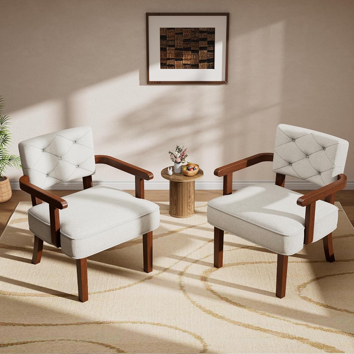 Modern Accent Chairs Set of 2,Butacas para Sala,Mid Century Small Arm Chair,Upholstered Wooden Chairs with Arm Rest,Tufted Backrest,Cushion, for Office,Waiting/Reading/Living Room, Beige