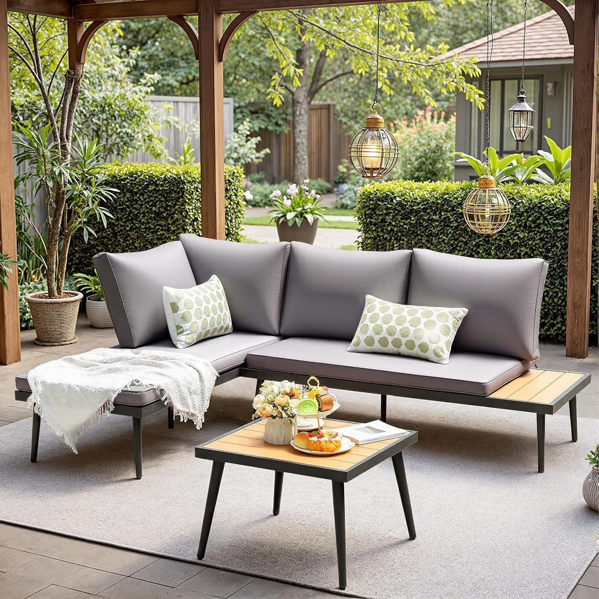 Patio Furniture Set,6 Pieces Outdoor Sectional Sofa with Cup Holder and 7.87in Wider Armrest, PE Wicker Backyard Couch Set with Coffee Table&Glass Tabletop for Deck, Porch