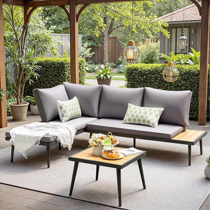 Patio Furniture Set,6 Pieces Outdoor Sectional Sofa with Cup Holder and 7.87in Wider Armrest, PE Wicker Backyard Couch Set with Coffee Table&Glass Tabletop for Deck, Porch