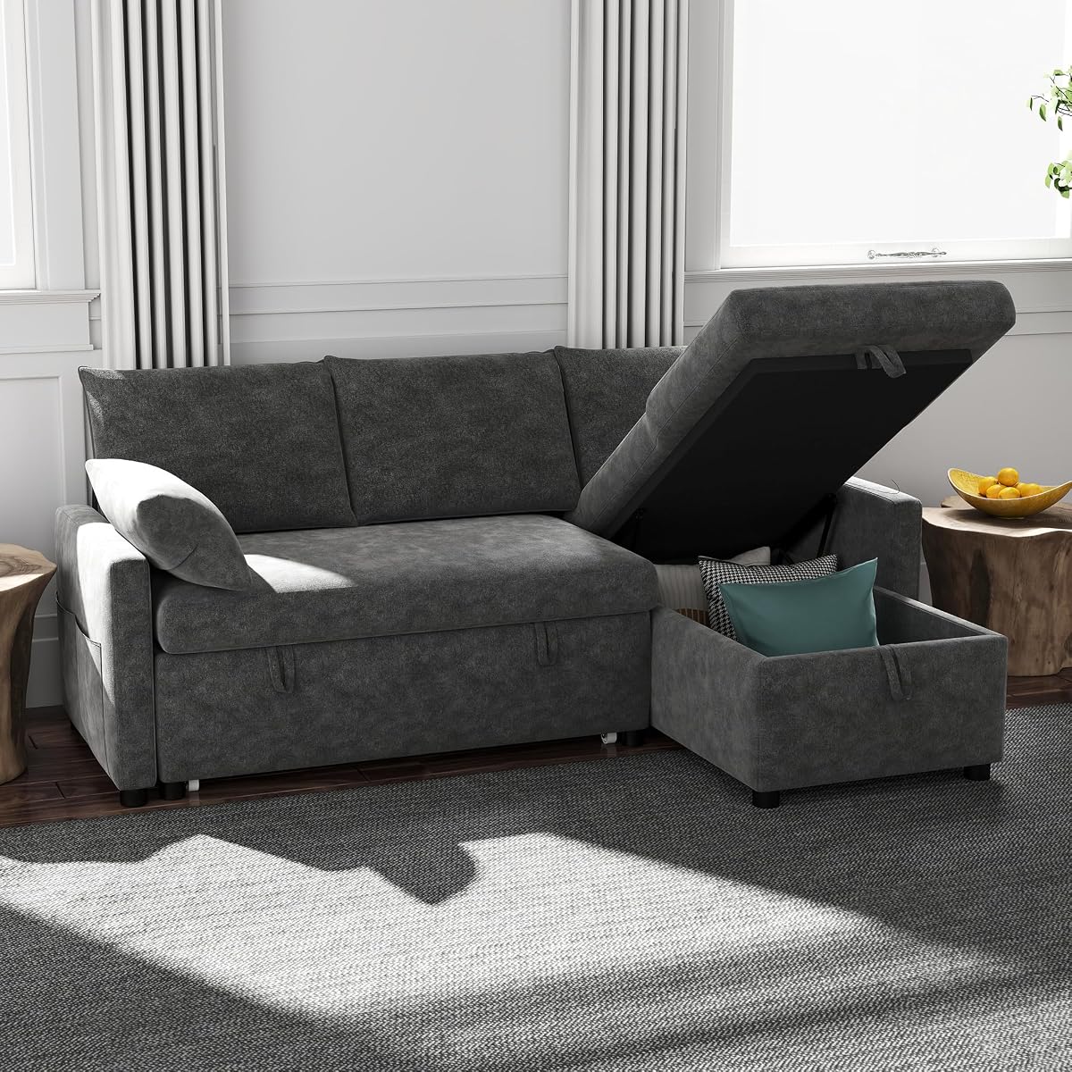 Sofa Bed, 80'' L Shape Chenille Sleeper Sofa Couch with Pull Out Bed and Storage Chaise for Living Room, Apartment and Hotel, Dark Gray