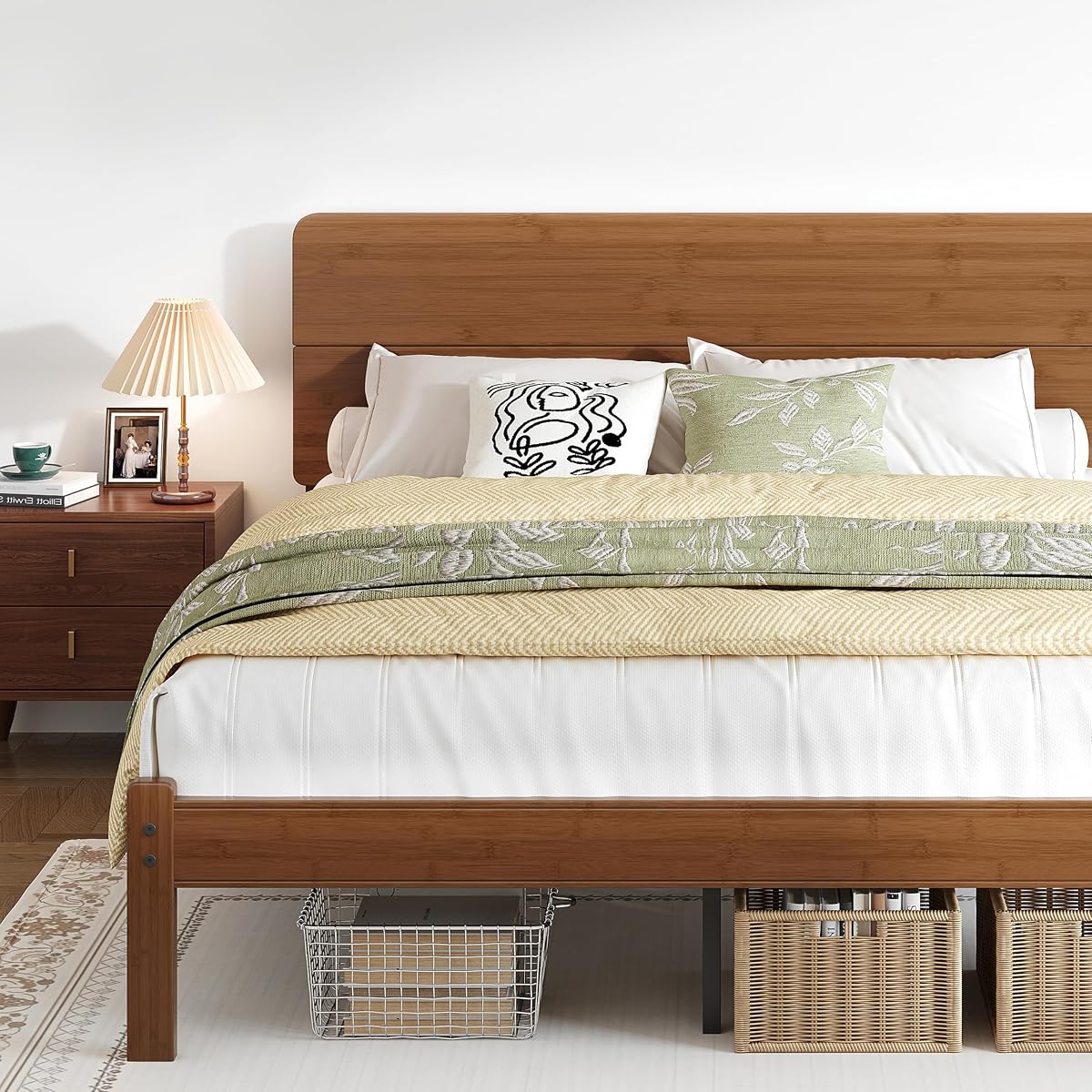 14" Queen Size Bamboo Wood Platform Bed Frame with Headboard, Brown
