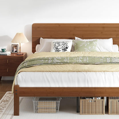 14" Queen Size Bamboo Wood Platform Bed Frame with Headboard, Brown