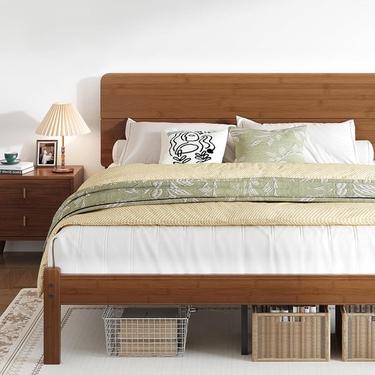 14" Queen Size Bamboo Wood Platform Bed Frame with Headboard, Brown