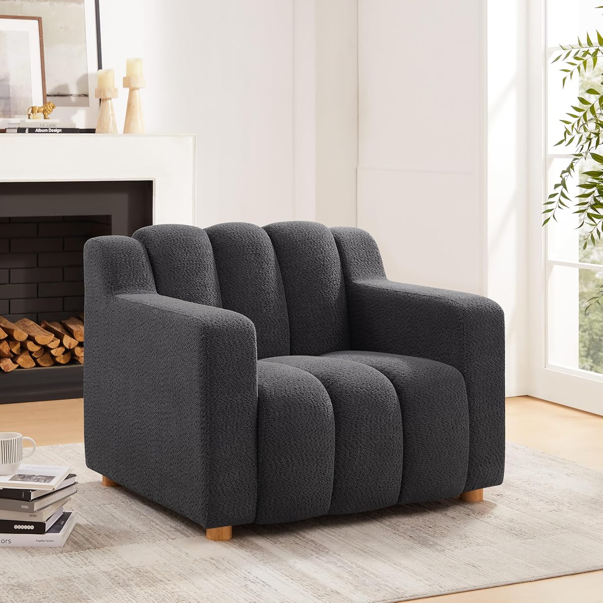 Oversized Accent Chair, Modern Living Room Chairs, Comfy Boucle Fabric Upholstered Armchair for Bedroom, Office, Waiting Room (Dark Gray)