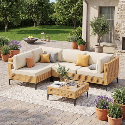 Outdoor Sectional 5 Piece Modular Patio Furniture Set Free Combination Outdoor Couch with Thick Cushion All Weather Wicker Patio Conversation Sets for Backyard, Deck, Poolside