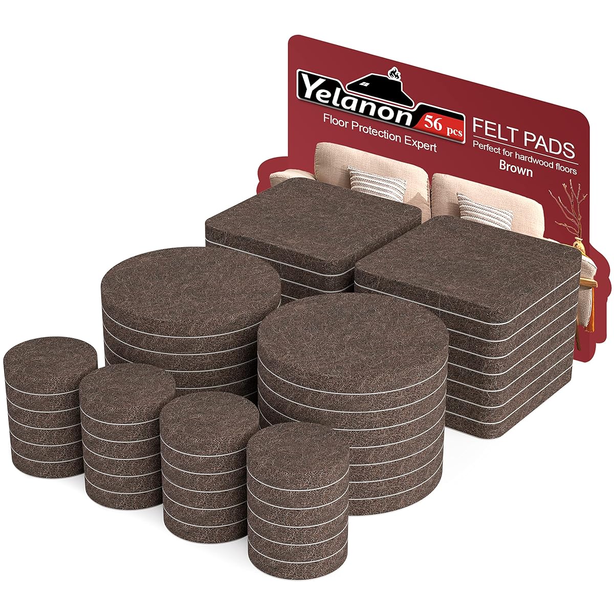 Felt Furniture Pads -56 Pcs(1+2)” Premium Felt Pads for Chair Legs Furniture, Floor Protectors for Hardwood Floors,Brown