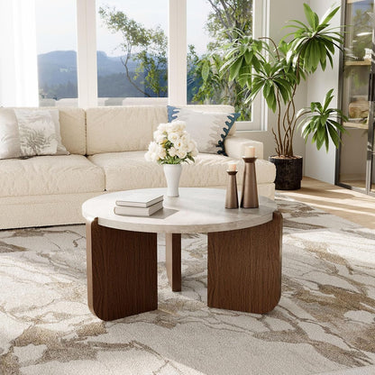 31.5" Round Coffee Table, Faux Marble Tabletop with Walnut Wood Grain Legs, Modern Minimalist Center Table for Living Room, Waterproof & Easy Assembly, Off-White