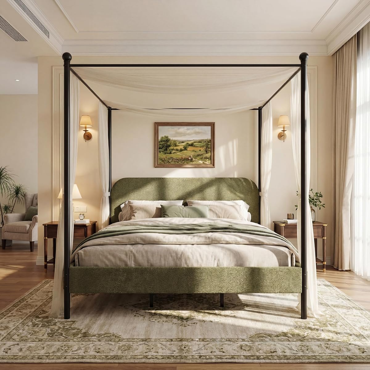 King Size Upholstered Canopy Bed Frame with Boucle Fabric