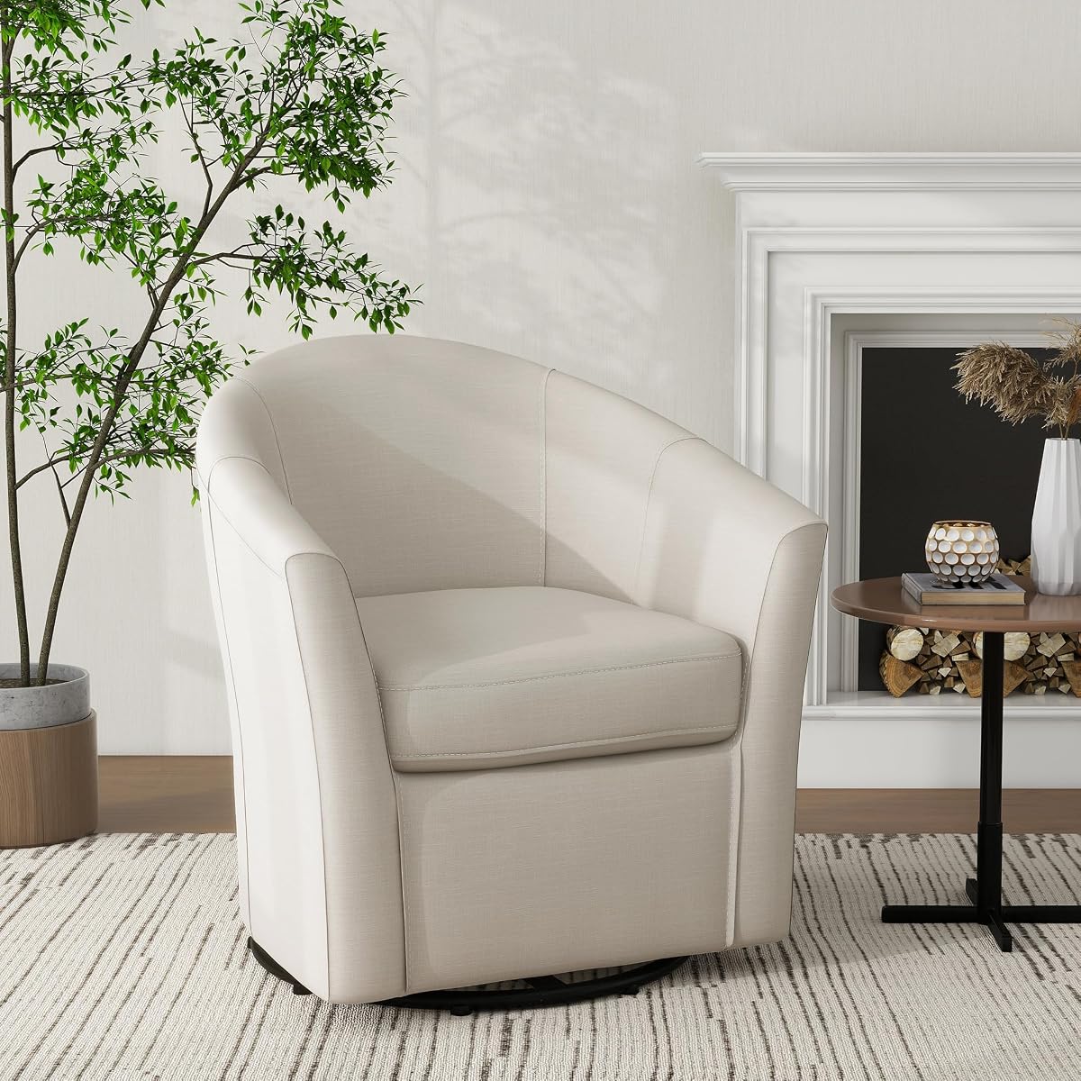 360° Swivel Barrel Accent Chair, Modern Round Arm Chair Upholstered Club Armchair, Single Sofa Seating in Fabric for Living Room, Bedroom (Beige)