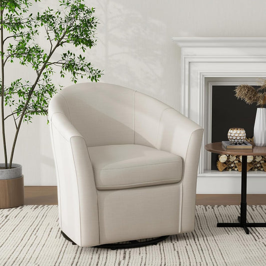 360° Swivel Barrel Accent Chair, Modern Round Arm Chair Upholstered Club Armchair, Single Sofa Seating in Fabric for Living Room, Bedroom (Beige)