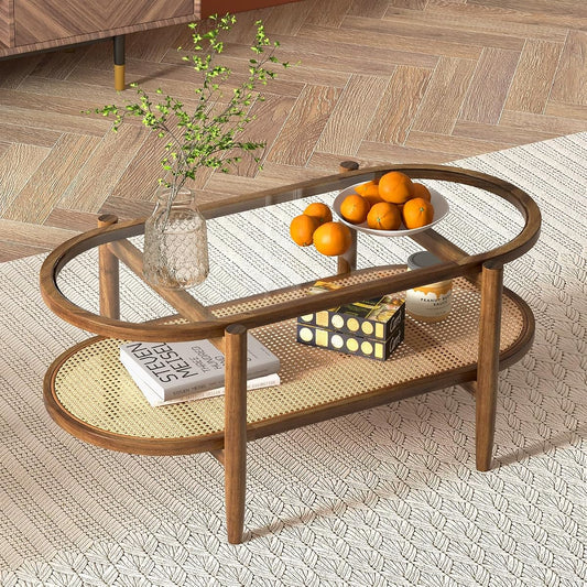 Rattan Coffee Table, 2-Tier Oval Acacia Wood Tea Table w/Tempered Glass Tabletop & PE Rattan Storage Shelf, Boho Cocktail Tables, Mid Century Modern Center Table for Living Room Office, Brown