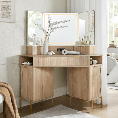 48" Corner Makeup Vanity with Lighted Triple Mirror, Natural Oak