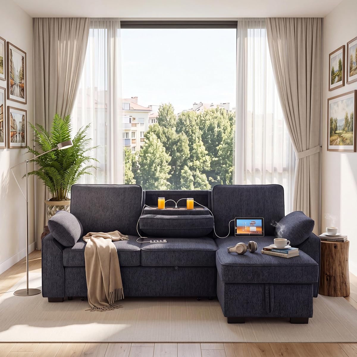 Modern Chenille Sofa Bed with Storage and Charging Ports