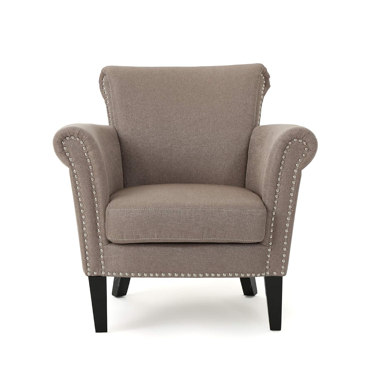 Brice Vintage Scroll Arm Studded Fabric Club Chair, Light Coffee / Dark Brown, 31D x 29.5W x 31.5H in