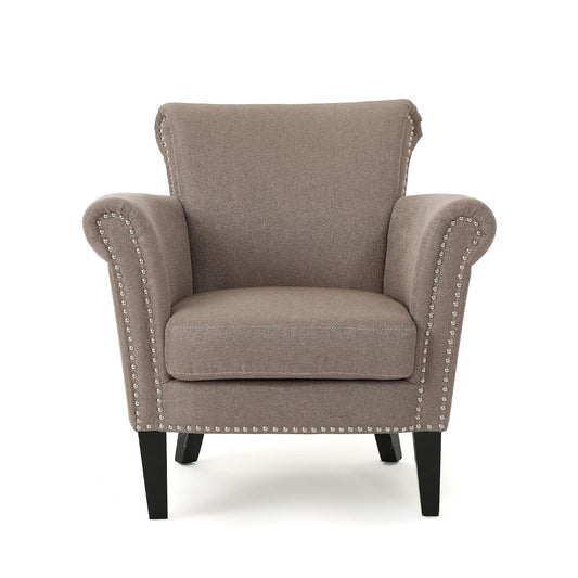 Brice Vintage Scroll Arm Studded Fabric Club Chair, Light Coffee / Dark Brown, 31D x 29.5W x 31.5H in