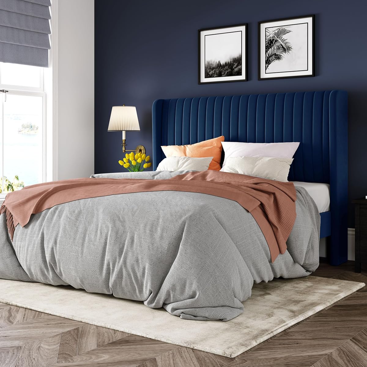 Queen Size Velvet Bed Frame/Vertical Channel Tufted Wingback