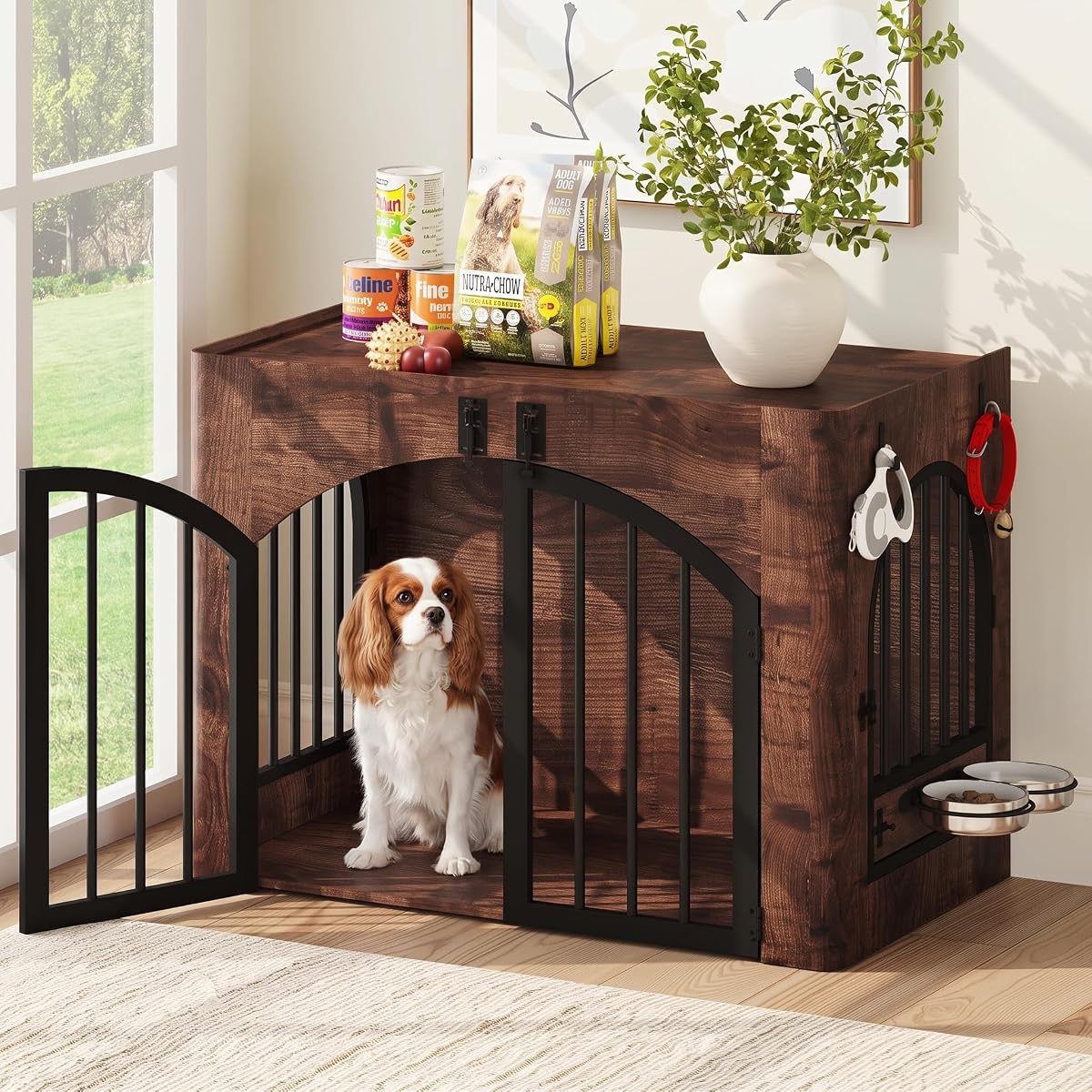31.5'' Wood Dog Crate Furniture for Small/Medium Dogs, Rustic Brown