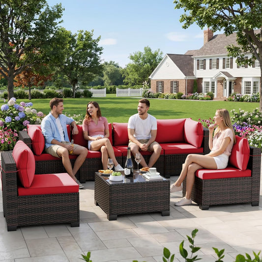 7-Piece Outdoor Patio Furniture Sets, Manual Weaving Rattan Conversation Sectional Sofa with Tempered Glass Coffee Table, All-Weather PE Wicker & Thick Cushions for Garden, Backyard, Porch