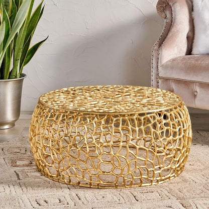 Aluminum Round Coffee Table, Mesh Round Cocktail Table Accent Center Table for Living Room, Gold