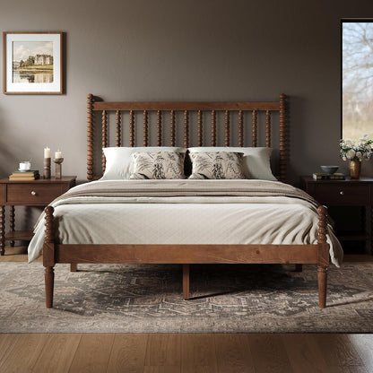 Queen Solid Wood Bed with Bobbin Spindle Headboard, Dark Walnut