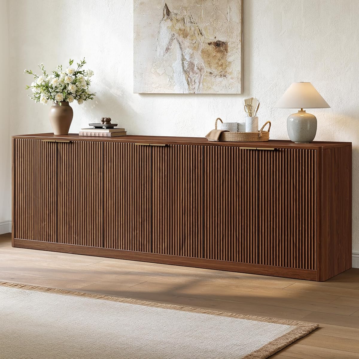 94.5" Fluted Walnut Buffet Cabinet with Storage