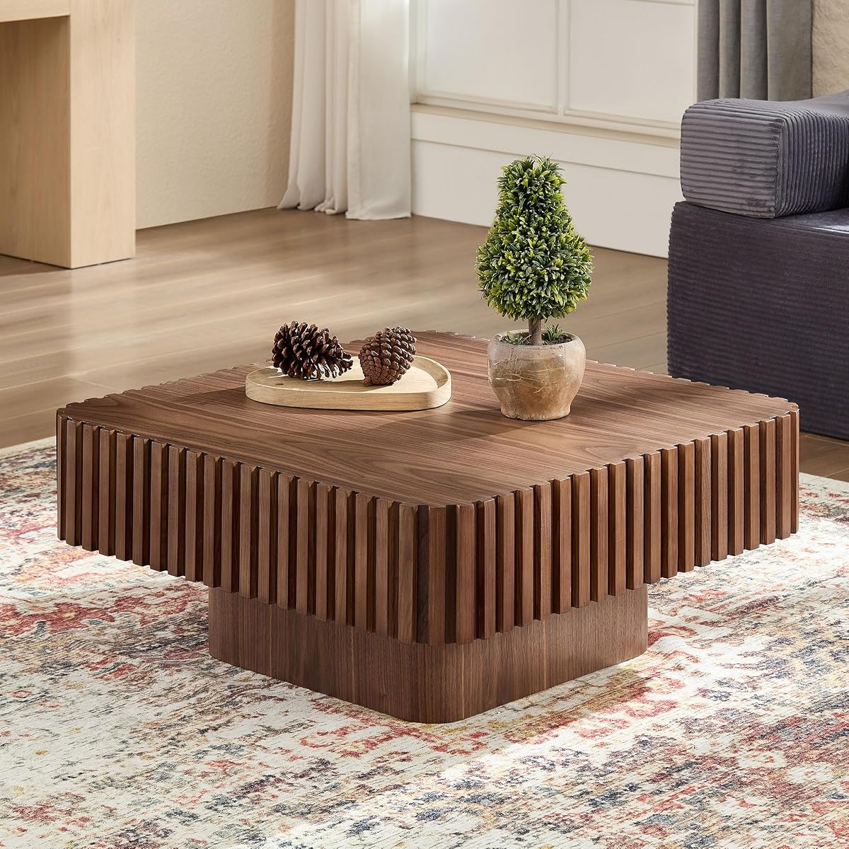 35.43" Square Coffee Table with Sturdy Base, Modern Luxury Wood Drum Center Table Accent End Side Table for Living Room, Minimalist Fluted Design, Walnut