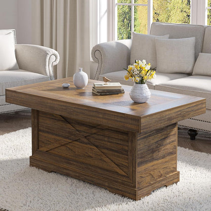 39 in Rustic Coffee Table for Living Room with X-Design, Rectangle | Farmhouse Center Table Wooden Pedestal, Space Saving, Home Office Tea Accent Table Dining Room Apartment, Walnut