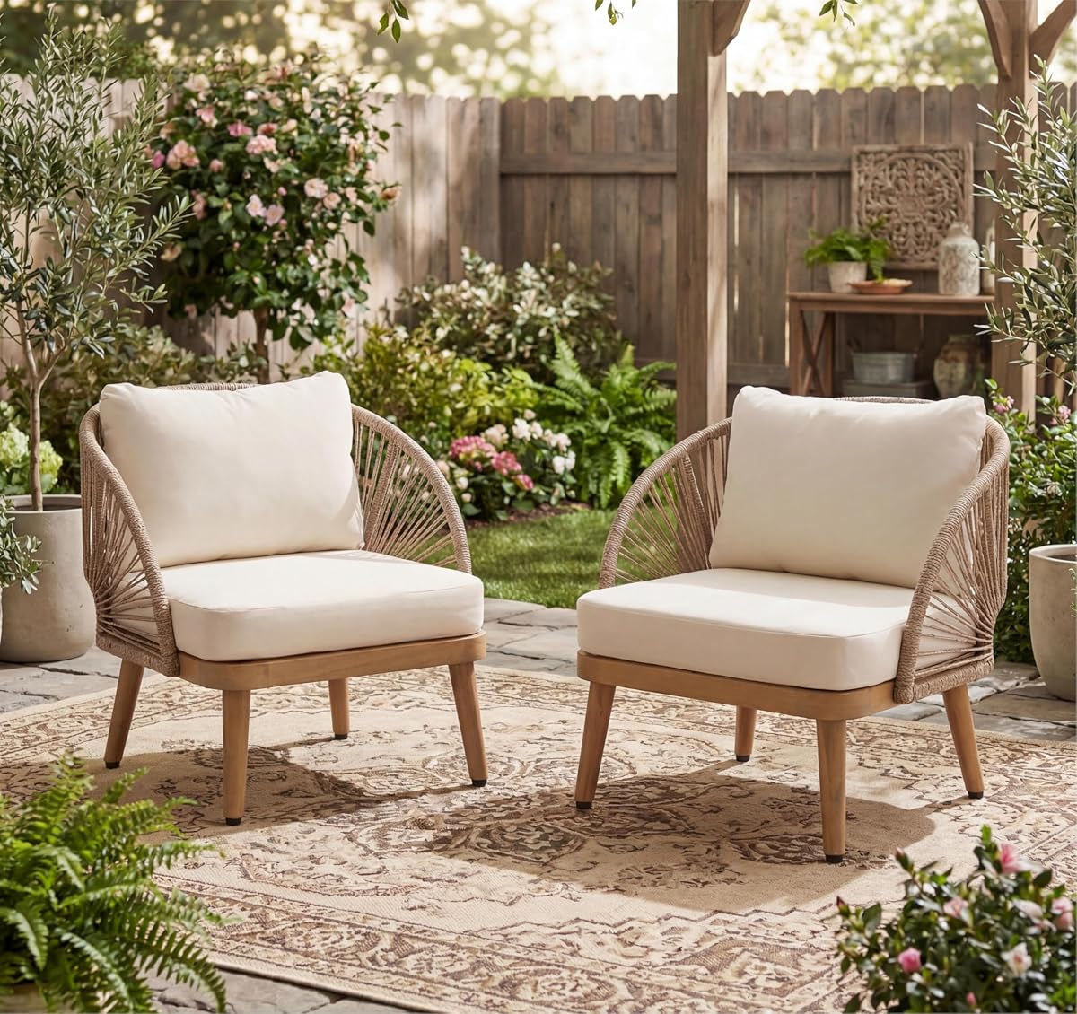 Lydia Set of 2 Boho Patio Furniture Acacia Wood Club Chairs, Outdoor Lounge Chairs, Modern Tub Accent Chairs/Arm Chairs with Rope Woven and Removable Cushions, Natural+Beige