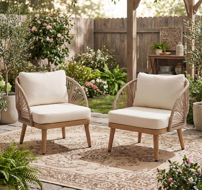Lydia Set of 2 Boho Patio Furniture Acacia Wood Club Chairs, Outdoor Lounge Chairs, Modern Tub Accent Chairs/Arm Chairs with Rope Woven and Removable Cushions, Natural+Beige