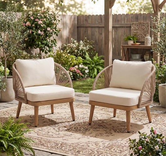 Lydia Set of 2 Boho Patio Furniture Acacia Wood Club Chairs, Outdoor Lounge Chairs, Modern Tub Accent Chairs/Arm Chairs with Rope Woven and Removable Cushions, Natural+Beige