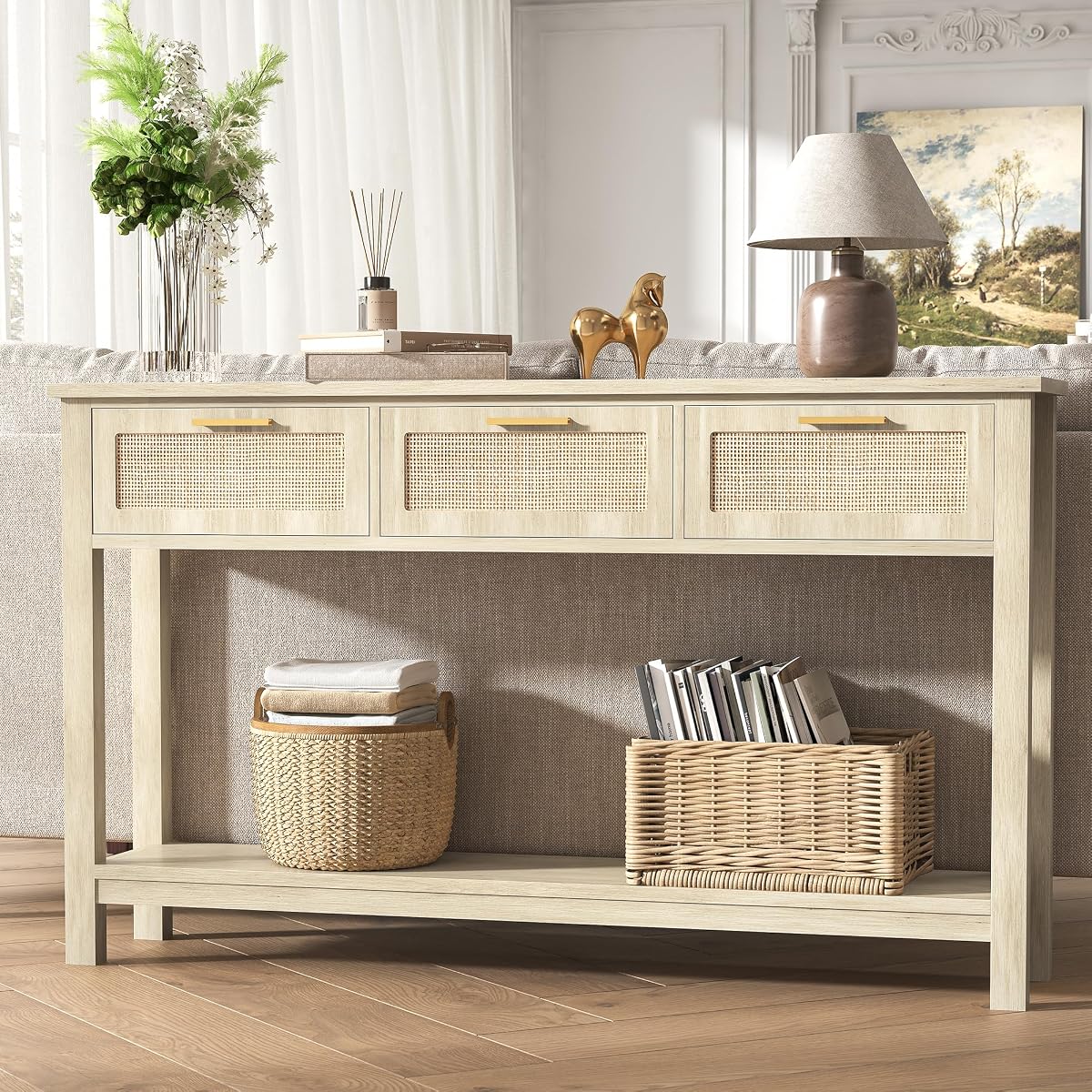 51.2" Rattan Console Tables with 3 Drawers & Shelf, Entryway Table with Storage, Hallway Table for Entry Way, Narrow Long Boho Sofa Table Behind Couch, Entrance Entry Living Room, Natural Wood