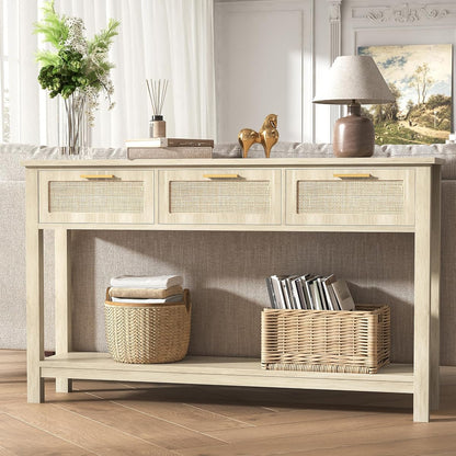 51.2" Rattan Console Tables with 3 Drawers & Shelf, Entryway Table with Storage, Hallway Table for Entry Way, Narrow Long Boho Sofa Table Behind Couch, Entrance Entry Living Room, Natural Wood